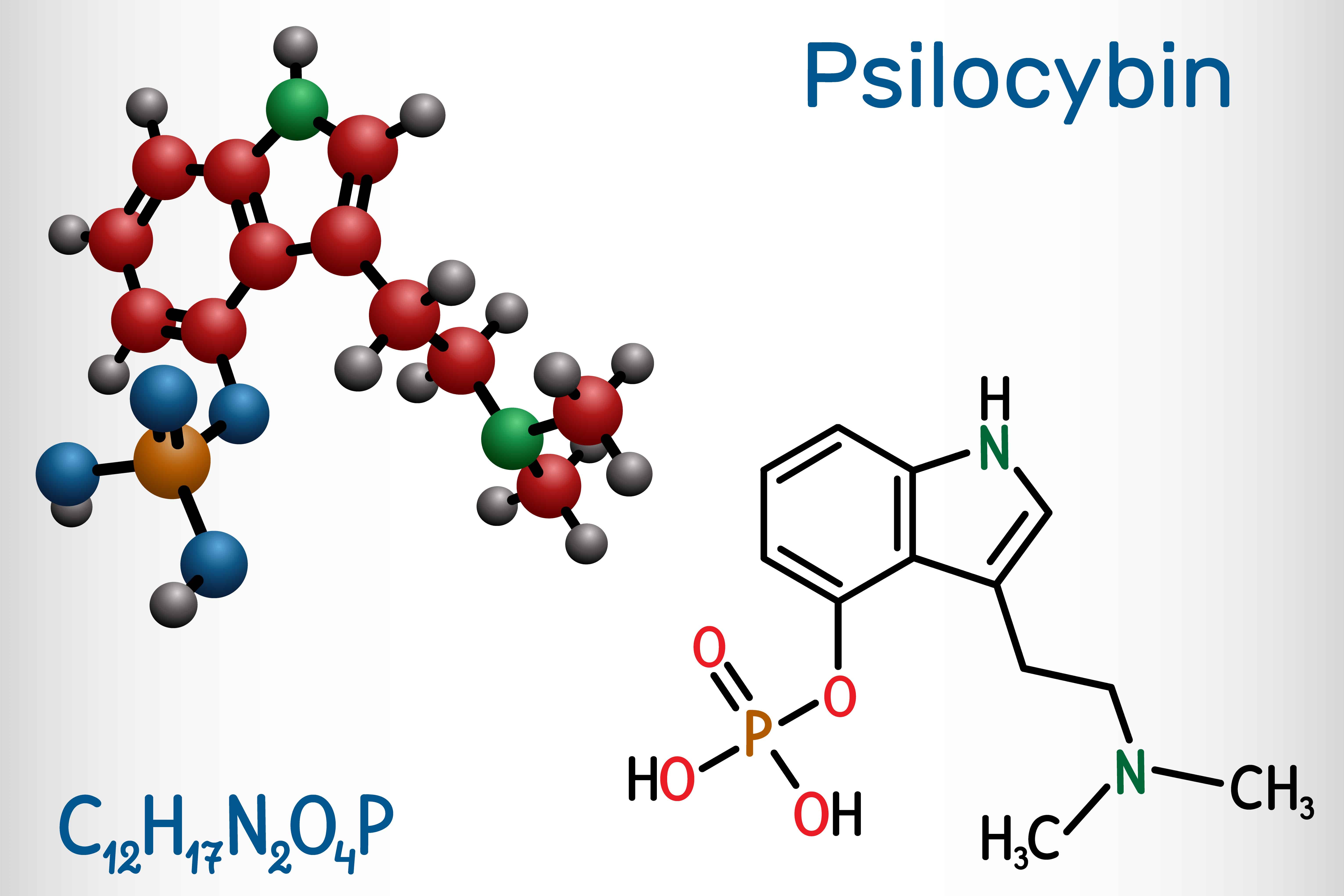 Psilocybin alkaloid molecule. It is naturally psychedelic prodrug. Structural chemical formula and molecule model